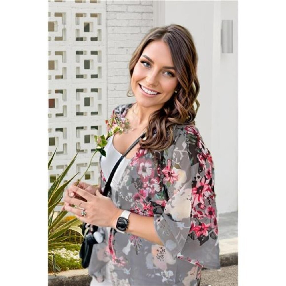 Women's Floral Print Puff Sleeve Kimono Cardigan Loose Cover Up Casual Blouse - Picture 2 of 7